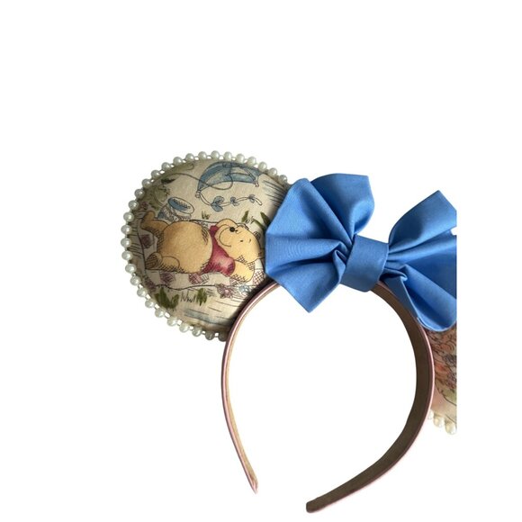WINNIE THE POOH Blue Bow Handmade Pearl Trimmed Headband - Picture 3 of 6